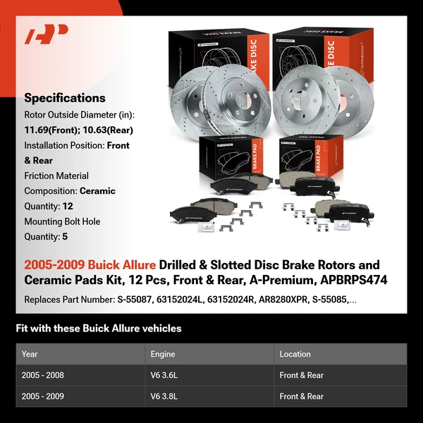2005-2009 Buick Allure Drilled & Slotted Disc Brake Rotors and Ceramic Pads Kit, 12 Pcs, Front & Rear, A-Premium, APBRPS474