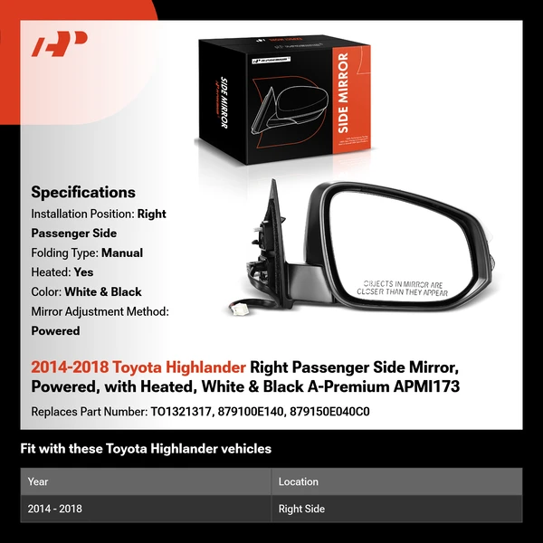 2014-2018 Toyota Highlander Right Passenger Side Mirror, Powered, with Heated, White & Black A-Premium APMI173