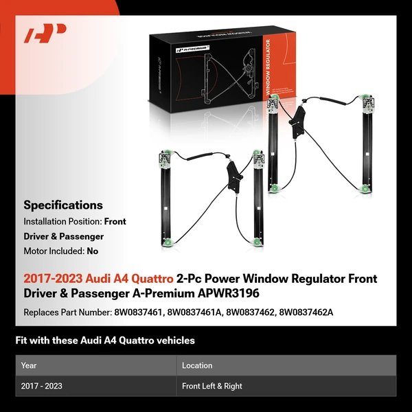 2017-2023 Audi A4 Quattro 2-Pc Power Window Regulator Front Driver & Passenger A-Premium APWR3196