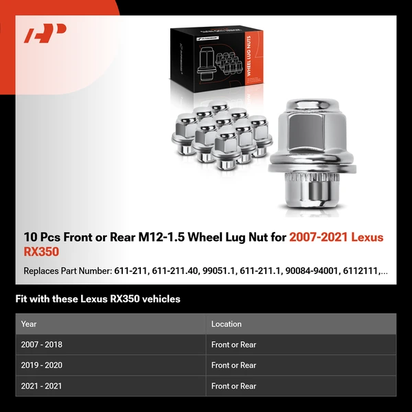 10 Pcs Front or Rear M12-1.5 Wheel Lug Nut for 2007-2021 Lexus RX350