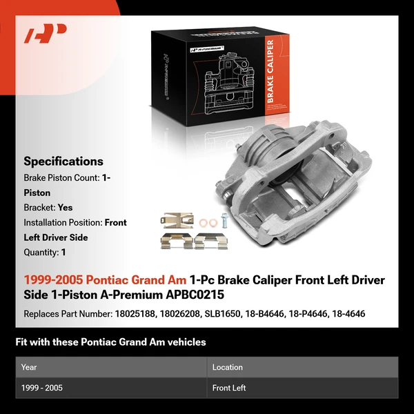 1999-2005 Pontiac Grand Am 1-Pc Brake Caliper Front Left Driver Side 1-Piston A-Premium APBC0215