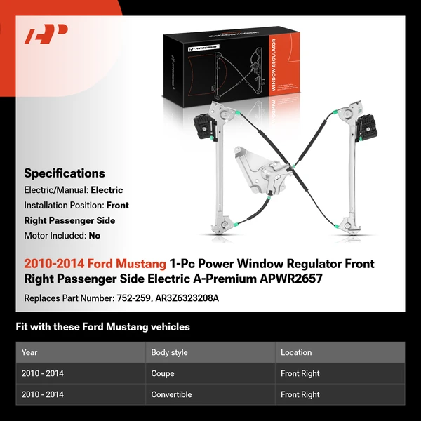 2010-2014 Ford Mustang 1-Pc Power Window Regulator Front Right Passenger Side Electric A-Premium APWR2657