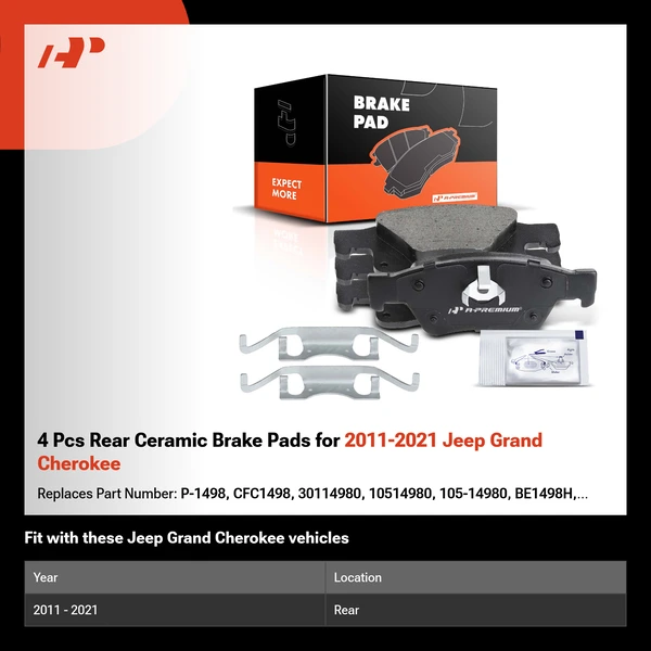 4 Pcs Rear Ceramic Brake Pads for 2011-2021 Jeep Grand Cherokee