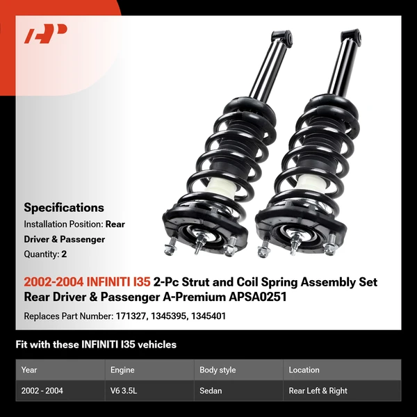 2002-2004 INFINITI I35 2-Pc Strut and Coil Spring Assembly Set Rear Driver & Passenger A-Premium APSA0251