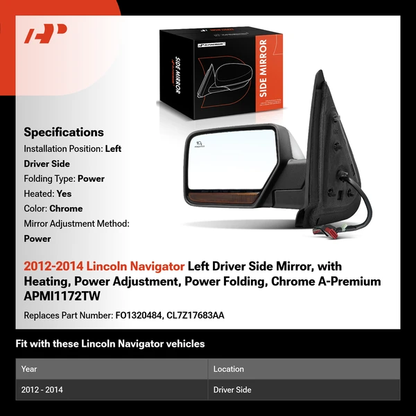 2012-2014 Lincoln Navigator Left Driver Side Mirror, with Heating, Power Adjustment, Power Folding, Chrome A-Premium APMI1172TW