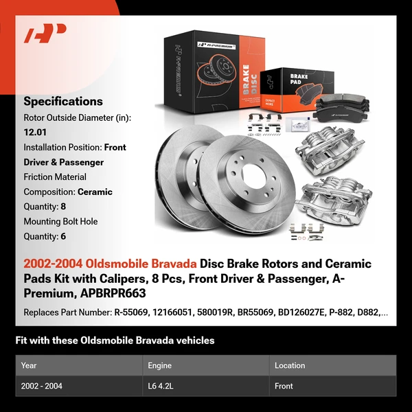2002-2004 Oldsmobile Bravada Disc Brake Rotors and Ceramic Pads Kit with Calipers, 8 Pcs, Front Driver & Passenger, A-Premium, APBRPR663
