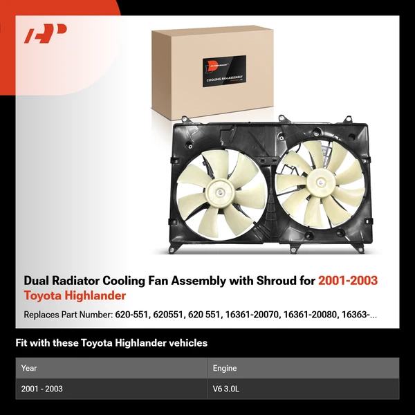 Dual Radiator Cooling Fan Assembly with Shroud for 2001-2003 Toyota Highlander