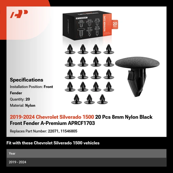 2019-2024 Chevrolet Silverado 1500 20 Pcs 8mm Nylon Black Front Fender A-Premium APRCF1703