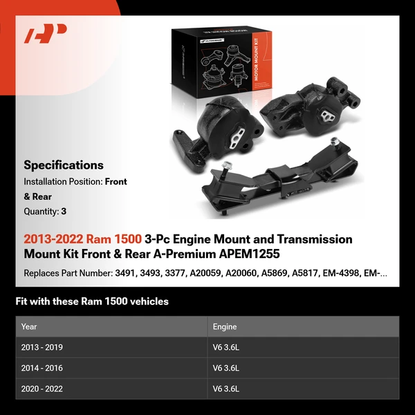 2013-2022 Ram 1500 3-Pc Engine Mount and Transmission Mount Kit Front & Rear A-Premium APEM1255