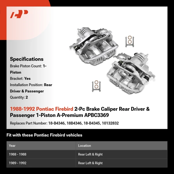 1988-1992 Pontiac Firebird 2-Pc Brake Caliper Rear Driver & Passenger 1-Piston A-Premium APBC3369