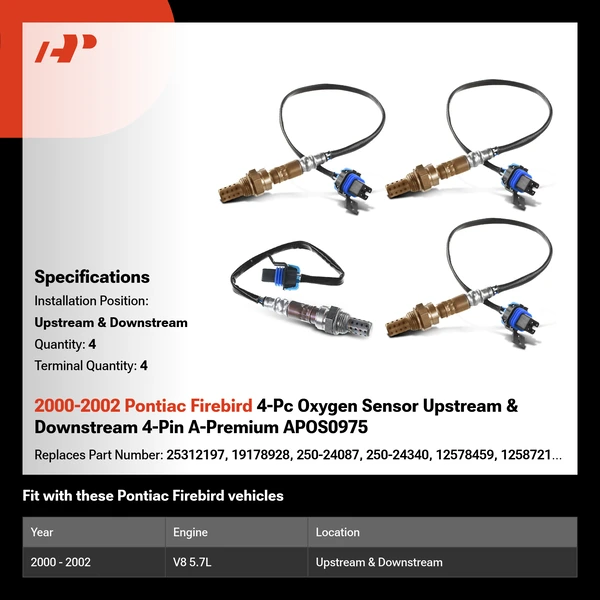 2000-2002 Pontiac Firebird 4-Pc Oxygen Sensor Upstream & Downstream 4-Pin A-Premium APOS0975