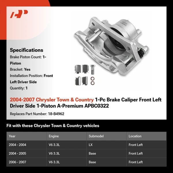 2004-2007 Chrysler Town & Country 1-Pc Brake Caliper Front Left Driver Side 1-Piston A-Premium APBC0322