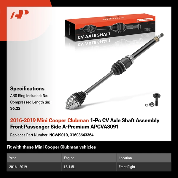 2016-2019 Mini Cooper Clubman 1-Pc CV Axle Shaft Assembly Front Passenger Side A-Premium APCVA3091