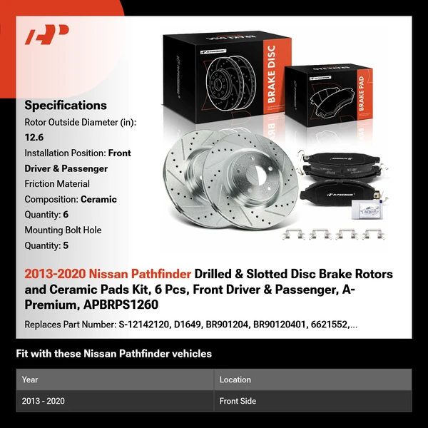2013-2020 Nissan Pathfinder Drilled & Slotted Disc Brake Rotors and Ceramic Pads Kit, 6 Pcs, Front Driver & Passenger, A-Premium, APBRPS1260