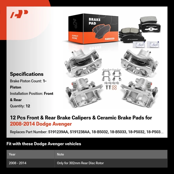12 Pcs Front & Rear Brake Calipers & Ceramic Brake Pads for 2008-2014 Dodge Avenger