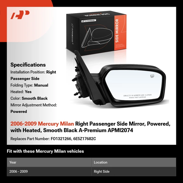 2006-2009 Mercury Milan Right Passenger Side Mirror, Powered, with Heated, Smooth Black A-Premium APMI2074