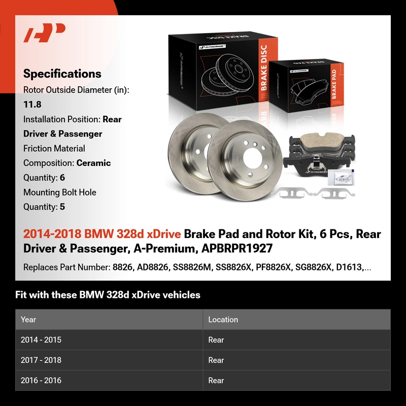 2014-2018 BMW 328d xDrive Brake Pad and Rotor Kit, 6 Pcs, Rear Driver & Passenger, A-Premium, APBRPR1927