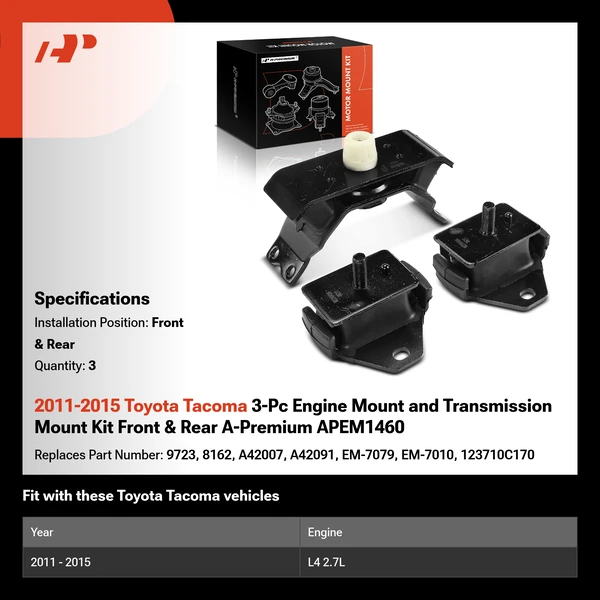 2011-2015 Toyota Tacoma 3-Pc Engine Mount and Transmission Mount Kit Front & Rear A-Premium APEM1460