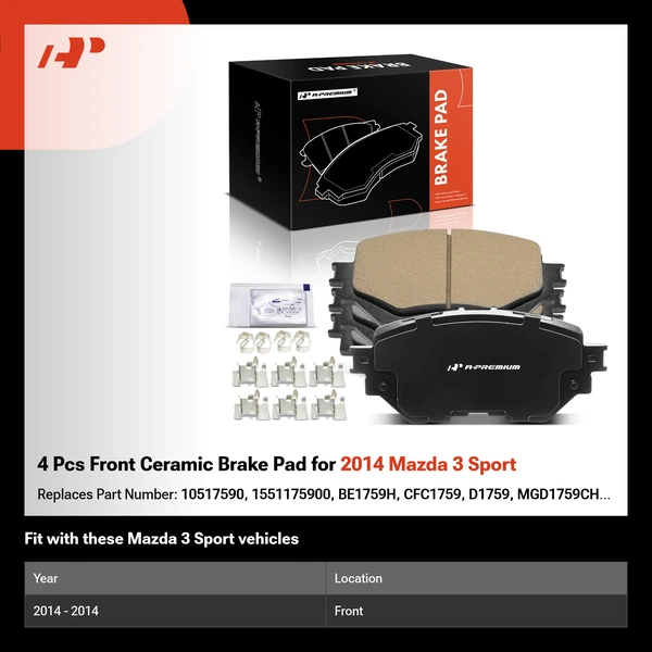 4 Pcs Front Ceramic Brake Pad for 2014 Mazda 3 Sport