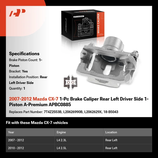 2007-2012 Mazda CX-7 1-Pc Brake Caliper Rear Left Driver Side 1-Piston A-Premium APBC0885