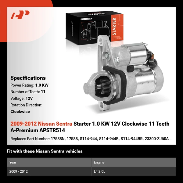 2009-2012 Nissan Sentra Starter 1.0 KW 12V Clockwise 11 Teeth A-Premium APSTR514