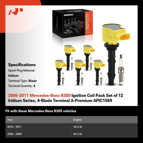 2006-2011 Mercedes-Benz R350 Ignition Coil Pack Set of 12 Iridium Series, 4-Blade Terminal A-Premium APIC1569