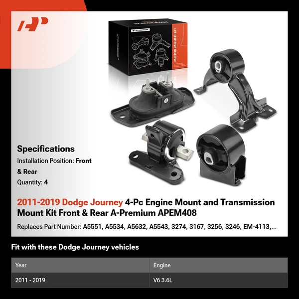 2011-2019 Dodge Journey 4-Pc Engine Mount and Transmission Mount Kit Front & Rear A-Premium APEM408