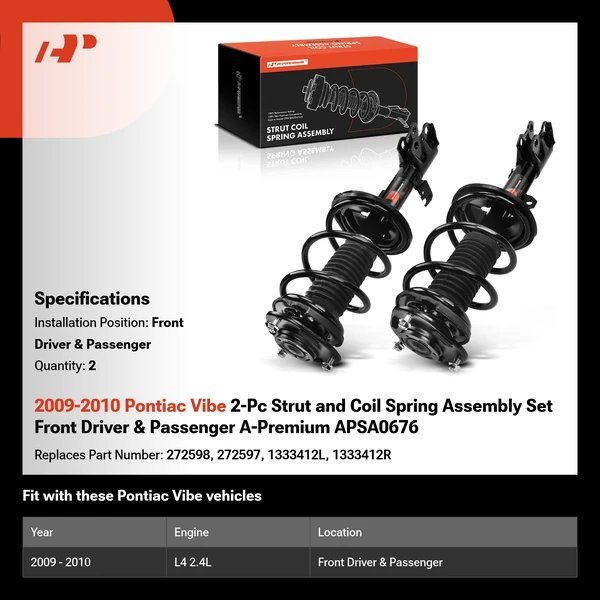2009-2010 Pontiac Vibe 2-Pc Strut and Coil Spring Assembly Set Front Driver & Passenger A-Premium APSA0676