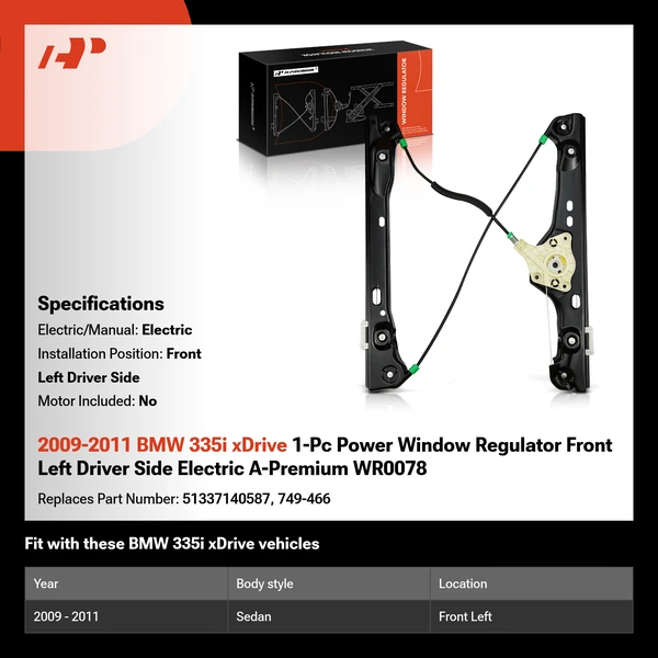 2009-2011 BMW 335i xDrive 1-Pc Power Window Regulator Front Left Driver Side Electric A-Premium WR0078