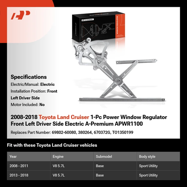 2008-2018 Toyota Land Cruiser 1-Pc Power Window Regulator Front Left Driver Side Electric A-Premium APWR1100