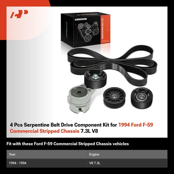 4 Pcs Serpentine Belt Drive Component Kit for 1994 Ford F-59 Commercial Stripped Chassis 7.3L V8