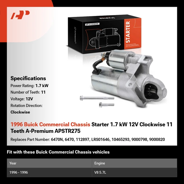 1996 Buick Commercial Chassis Starter 1.7 kW 12V Clockwise 11 Teeth A-Premium APSTR275