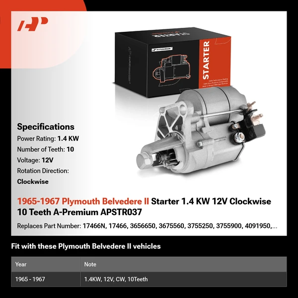 1965-1967 Plymouth Belvedere II Starter 1.4 KW 12V Clockwise 10 Teeth A-Premium APSTR037