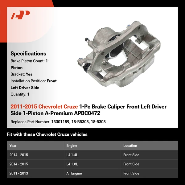 2011-2015 Chevrolet Cruze 1-Pc Brake Caliper Front Left Driver Side 1-Piston A-Premium APBC0472