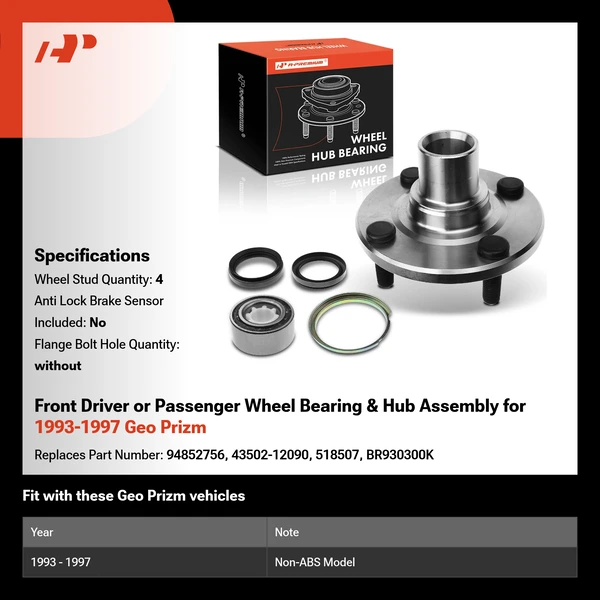 Front Driver or Passenger Wheel Bearing & Hub Assembly for 1993-1997 Geo Prizm