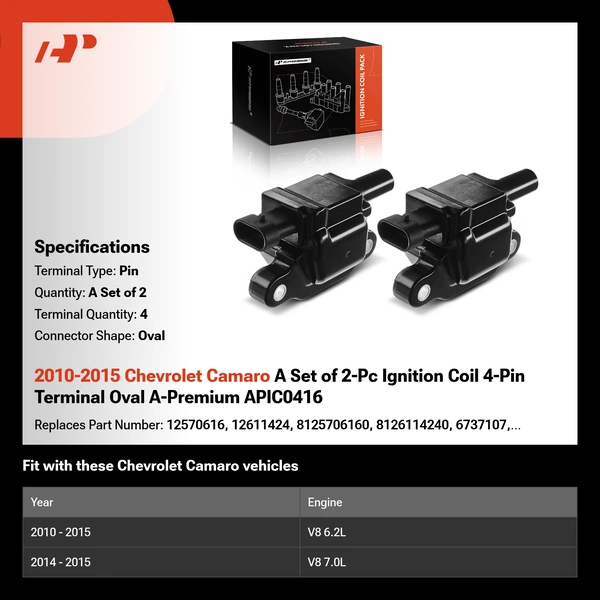 2010-2015 Chevrolet Camaro A Set of 2-Pc Ignition Coil 4-Pin Terminal Oval A-Premium APIC0416