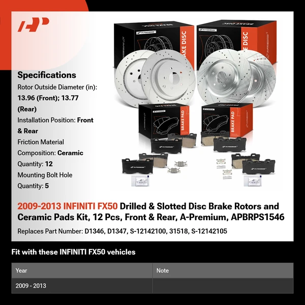 2009-2013 INFINITI FX50 Drilled & Slotted Disc Brake Rotors and Ceramic Pads Kit, 12 Pcs, Front & Rear, A-Premium, APBRPS1546