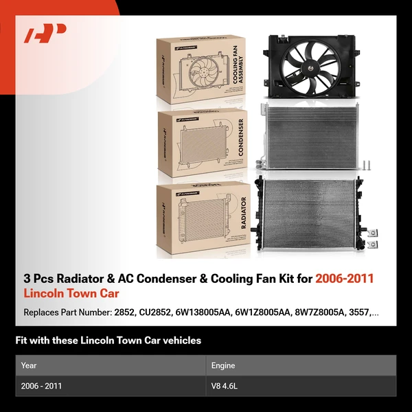 3 Pcs Radiator & AC Condenser & Cooling Fan Kit for 2006-2011 Lincoln Town Car