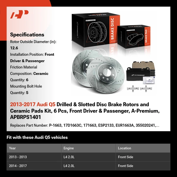 2013-2017 Audi Q5 Drilled & Slotted Disc Brake Rotors and Ceramic Pads Kit, 6 Pcs, Front Driver & Passenger, A-Premium, APBRPS1401