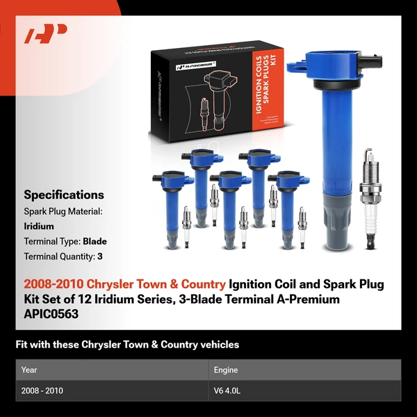 2008-2010 Chrysler Town & Country Ignition Coil and Spark Plug Kit Set of 12 Iridium Series, 3-Blade Terminal A-Premium APIC0563