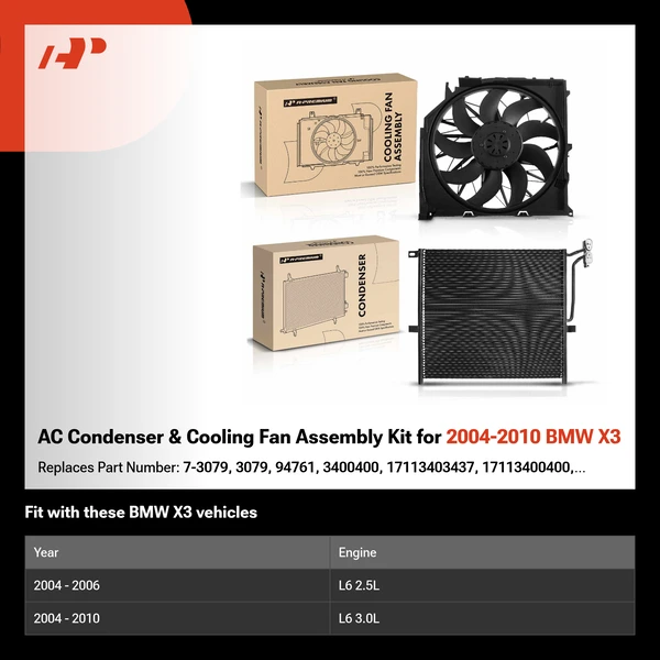 AC Condenser & Cooling Fan Assembly Kit for 2004-2010 BMW X3