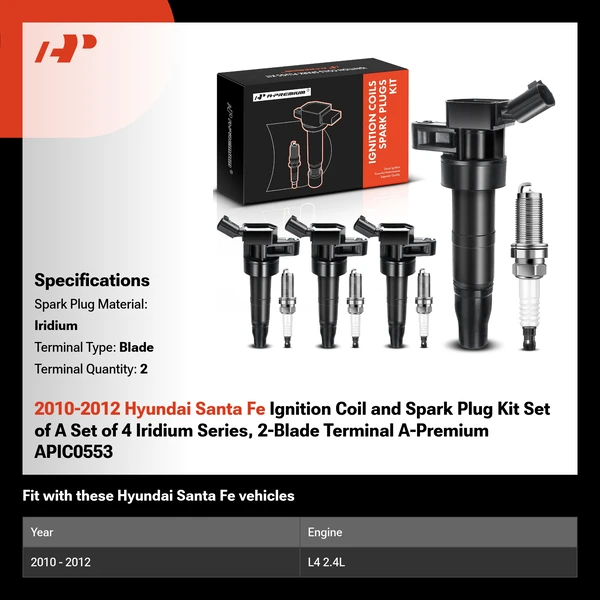 2010-2012 Hyundai Santa Fe Ignition Coil and Spark Plug Kit Set of A Set of 4 Iridium Series, 2-Blade Terminal A-Premium APIC0553