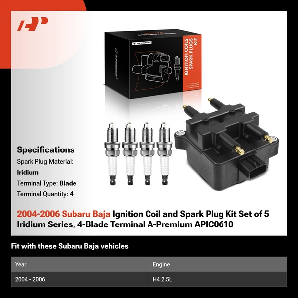2004-2006 Subaru Baja Ignition Coil and Spark Plug Kit Set of 5 Iridium Series, 4-Blade Terminal A-Premium APIC0610