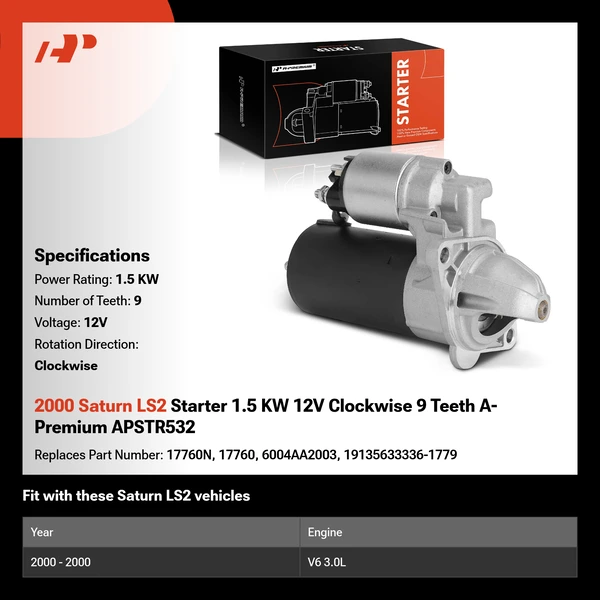 2000 Saturn LS2 Starter 1.5 KW 12V Clockwise 9 Teeth A-Premium APSTR532