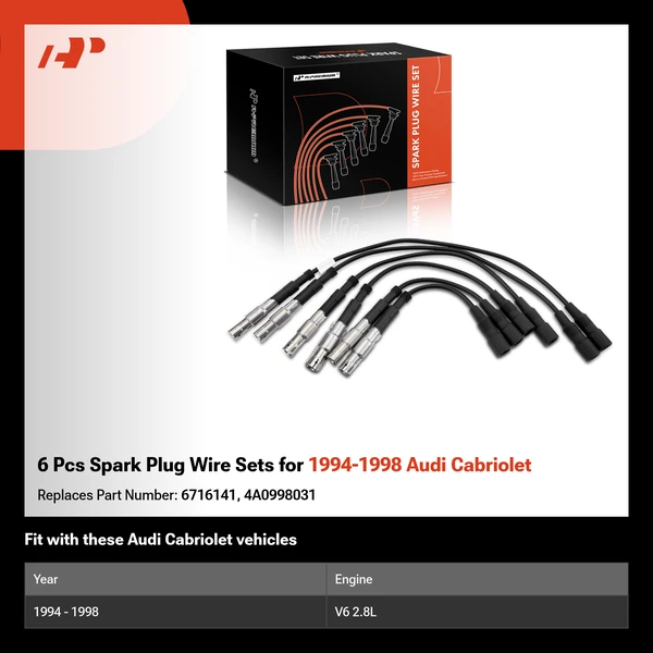 6 Pcs Spark Plug Wire Sets for 1994-1998 Audi Cabriolet