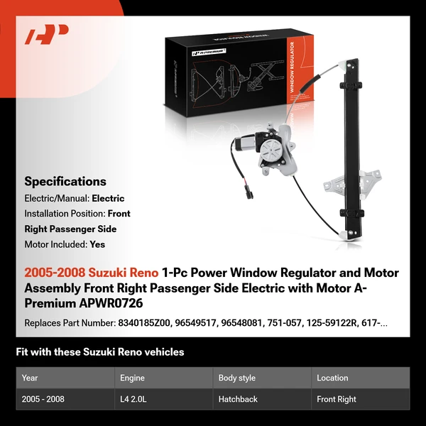 2005-2008 Suzuki Reno 1-Pc Power Window Regulator and Motor Assembly Front Right Passenger Side Electric with Motor A-Premium APWR0726