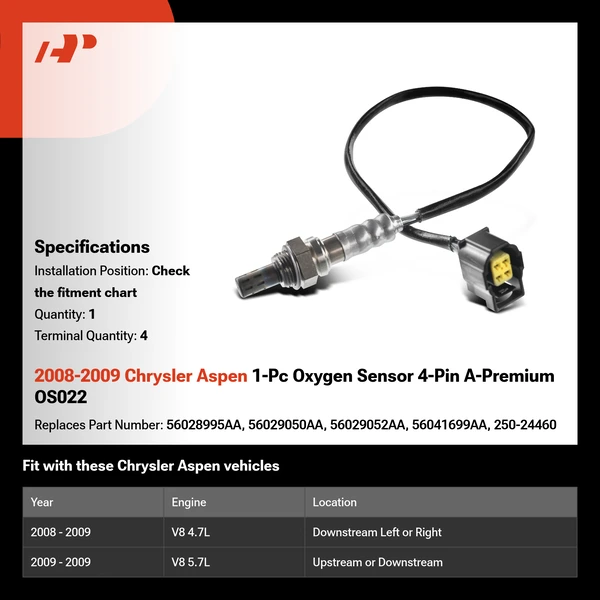 2008-2009 Chrysler Aspen 1-Pc Oxygen Sensor 4-Pin A-Premium OS022
