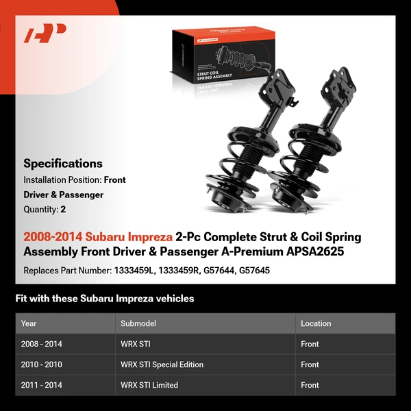 2008-2014 Subaru Impreza 2-Pc Complete Strut & Coil Spring Assembly Front Driver & Passenger A-Premium APSA2625