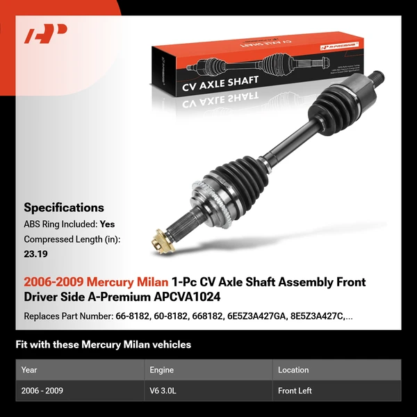 2006-2009 Mercury Milan 1-Pc CV Axle Shaft Assembly Front Driver Side A-Premium APCVA1024