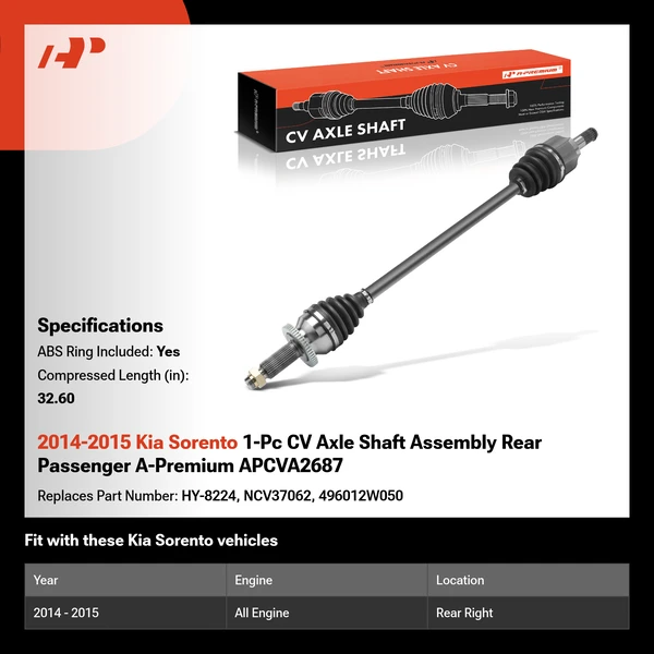 2014-2015 Kia Sorento 1-Pc CV Axle Shaft Assembly Rear Passenger A-Premium APCVA2687